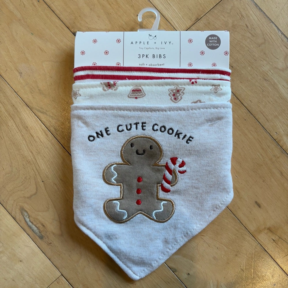 3 PC Christmas Bandana Bibs Snap Closure Gingerbread Red & White Size 0-12M